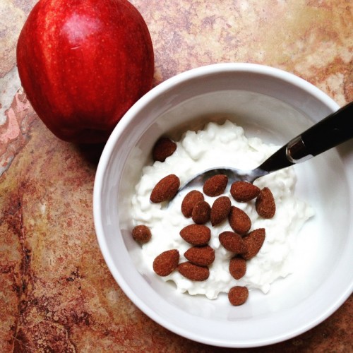 cottage cheese, almonds, and an apple